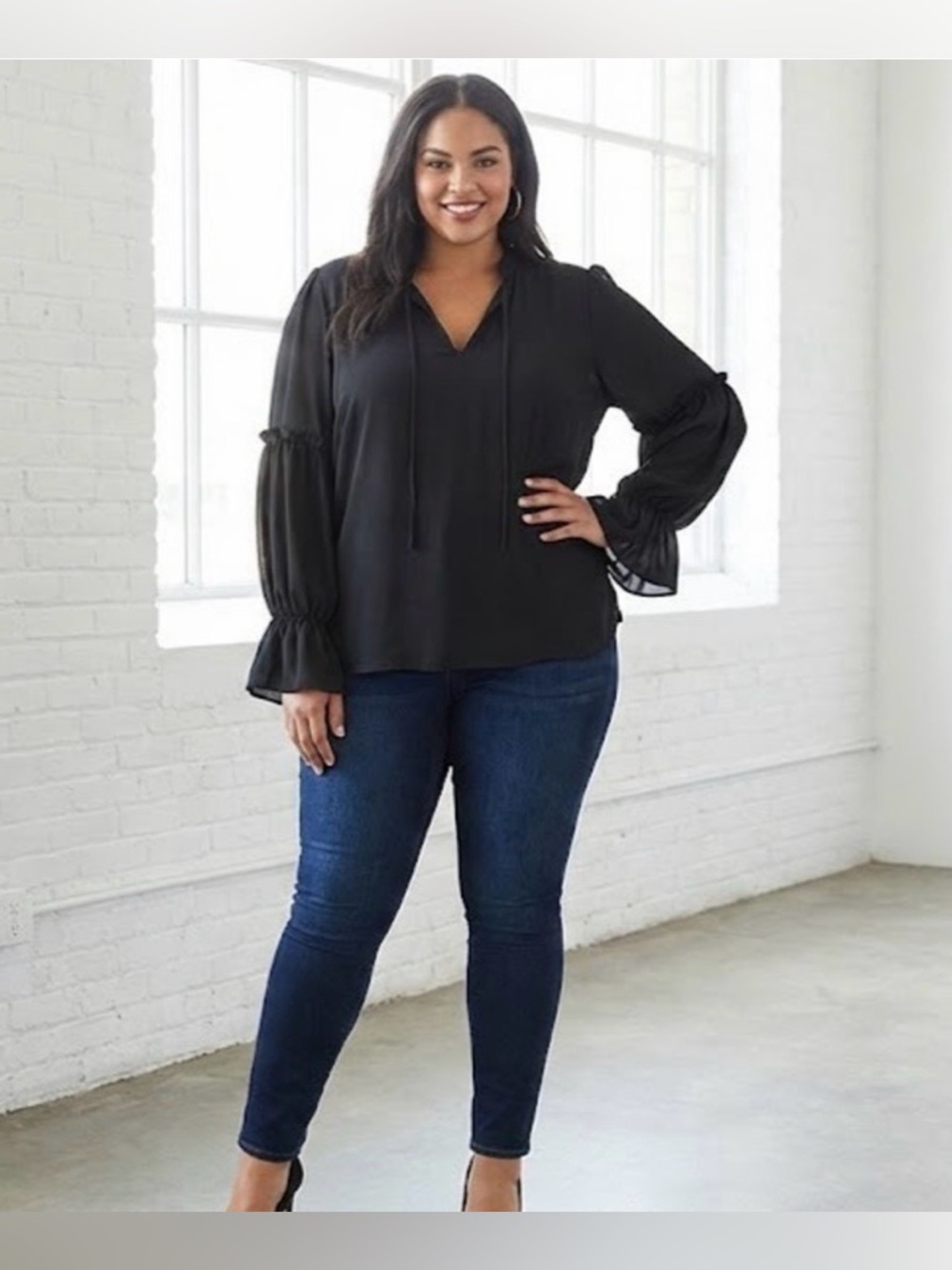 Eloquii Long-Sleeve V-Neck Peasant Blouse